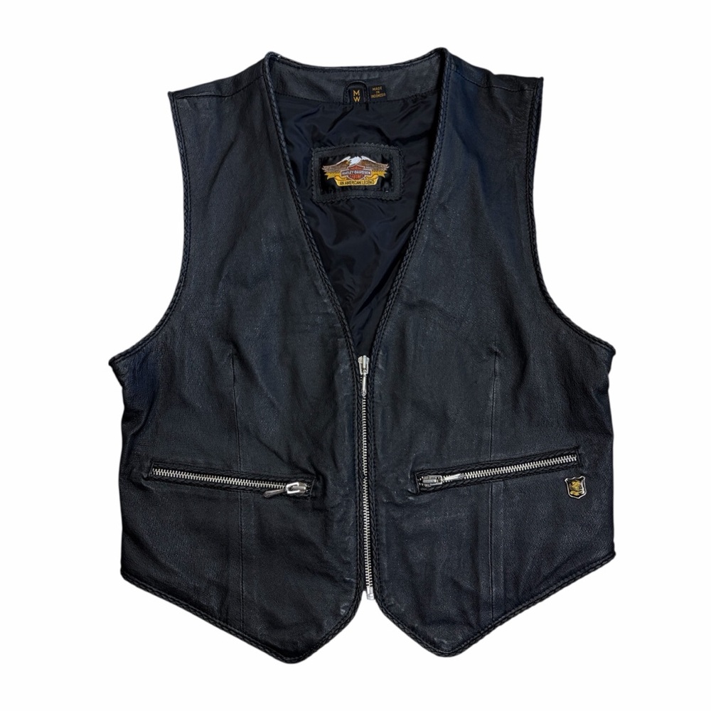 Harley Davidson Black Leather Vest with Zipper Pockets & Embroidery - M